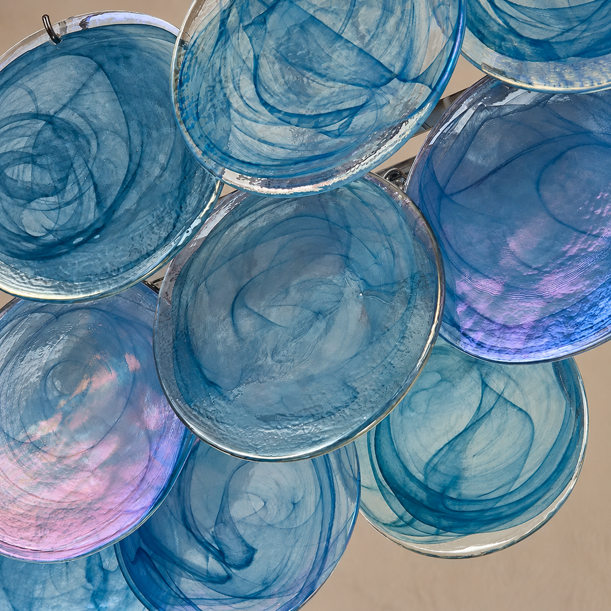 Iridescent Blue Glass Disc Linear Chandelier | Over a Kitchen Island Twin Chains Set to your Ceiling Casalola Lights