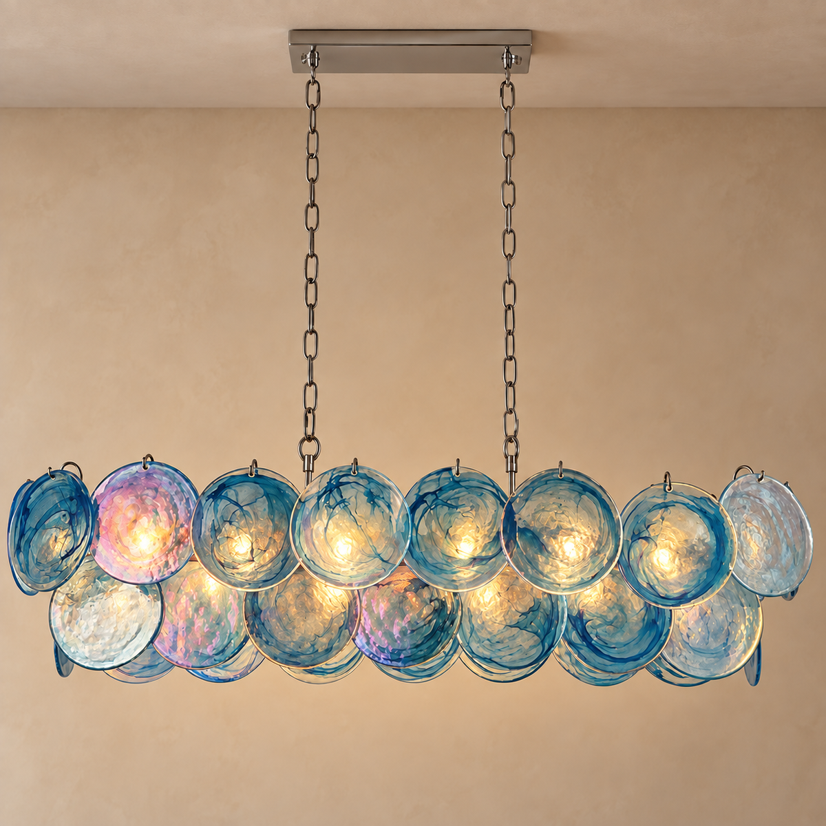 Iridescent Blue Glass Disc Linear Chandelier | Over a Kitchen Island Twin Chains Set to your Ceiling Casalola Lights