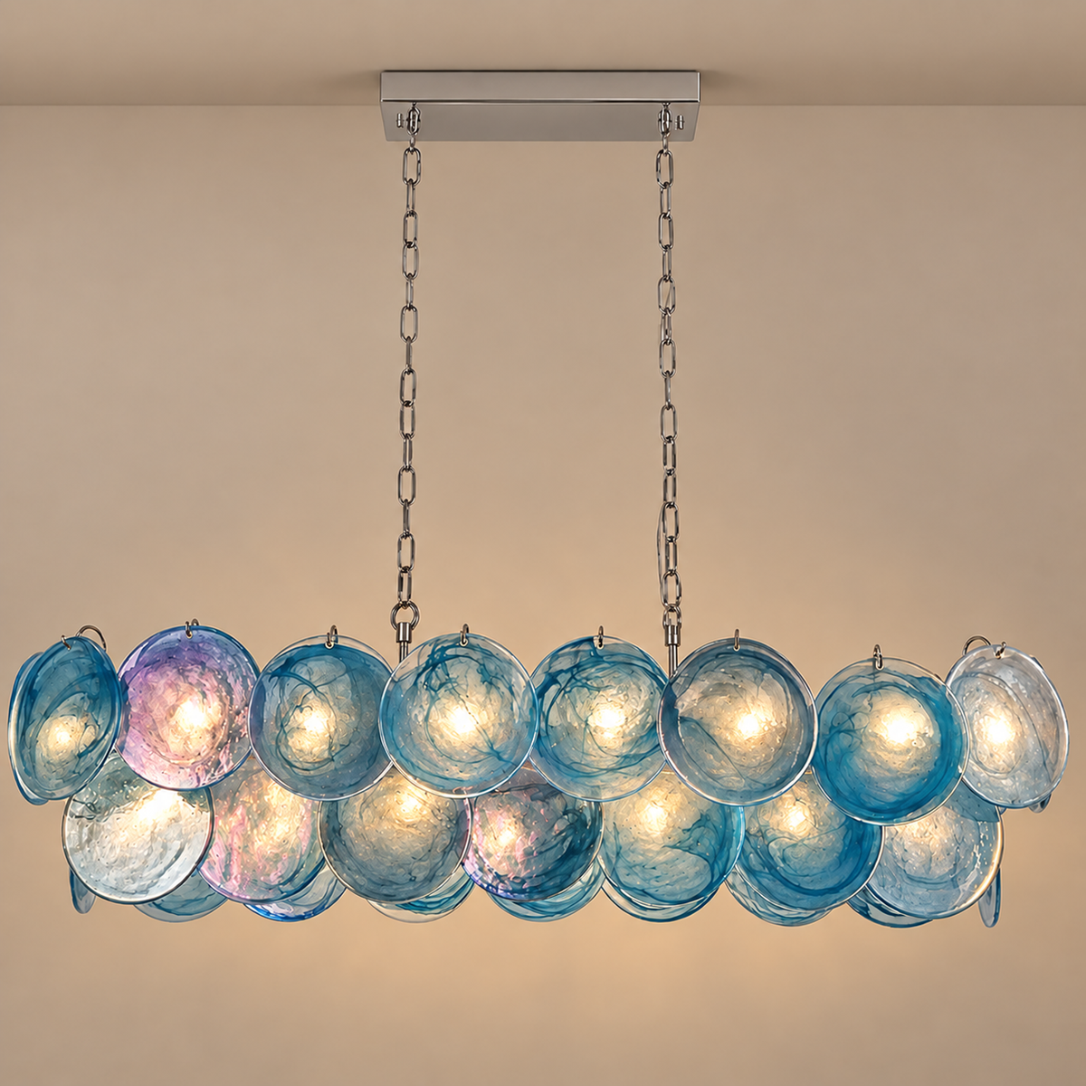 Linear Chandelier - Iridescent Green Discs Hand-blown Glass Casalola Lights Luxury Lamps for Interior Designers