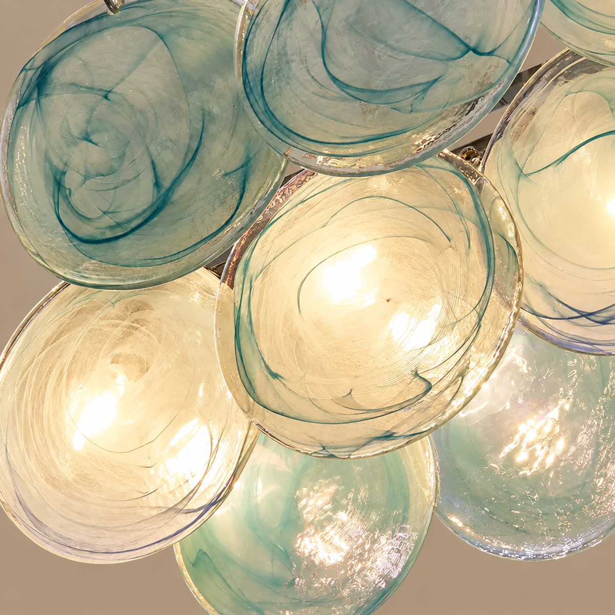Linear Chandelier - Iridescent Green Discs Hand-blown Glass Casalola Lights Luxury Lamps for Interior Designers
