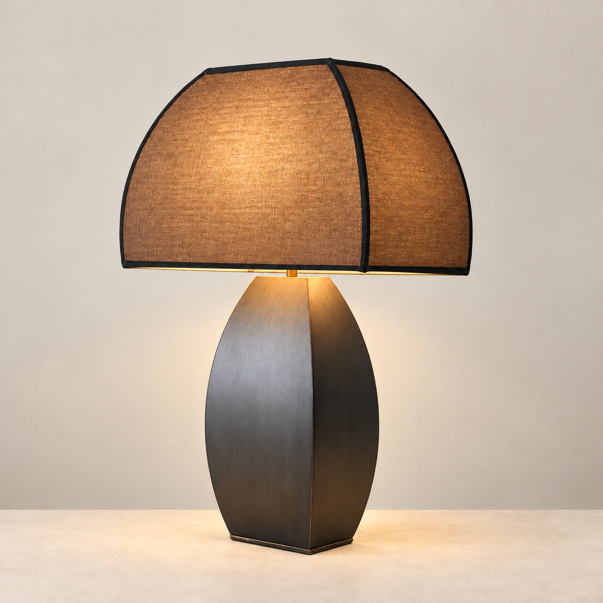 Iron Table Lamp, illuminated, on a beige background.