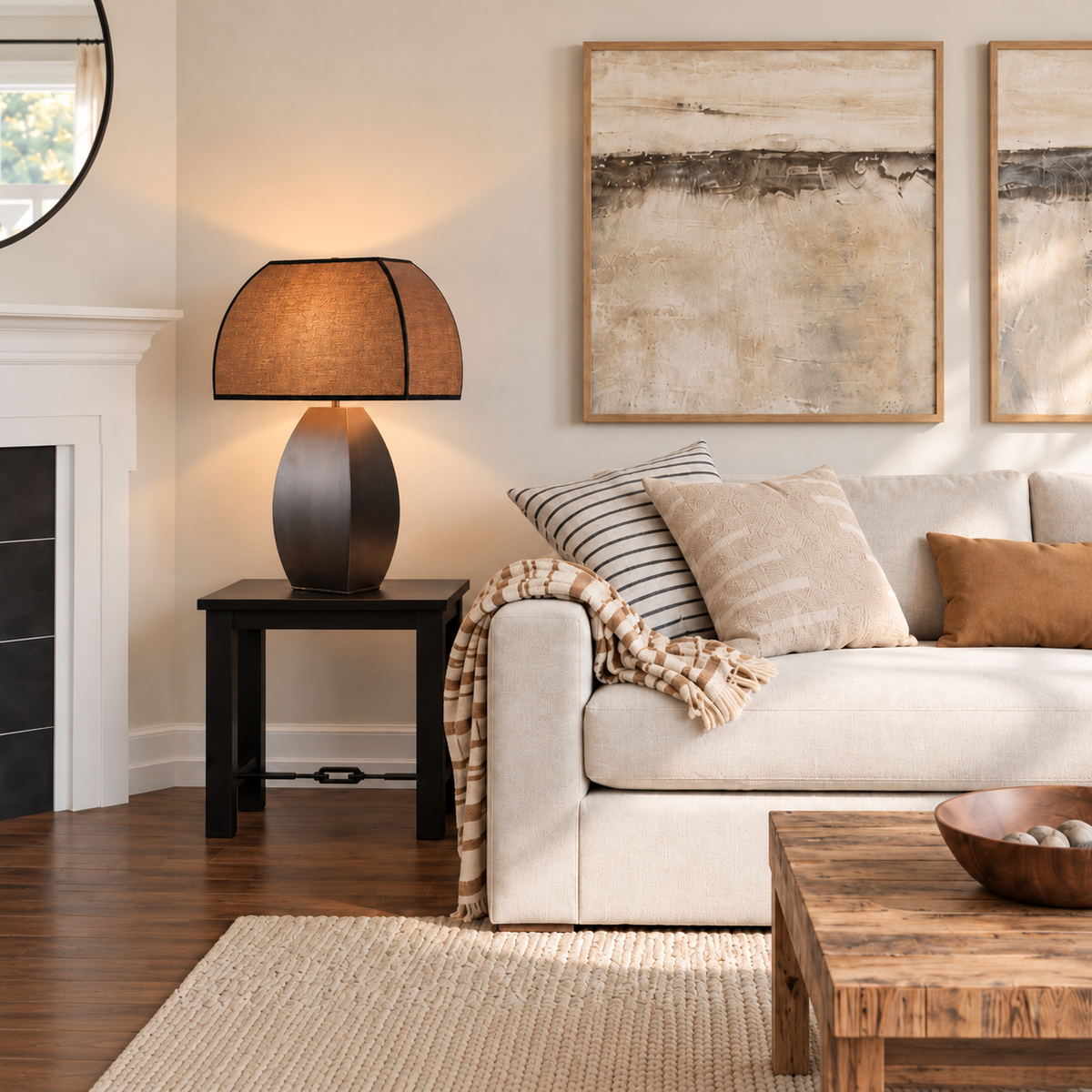Iron Table Lamp on a side table beside a cream sofa.