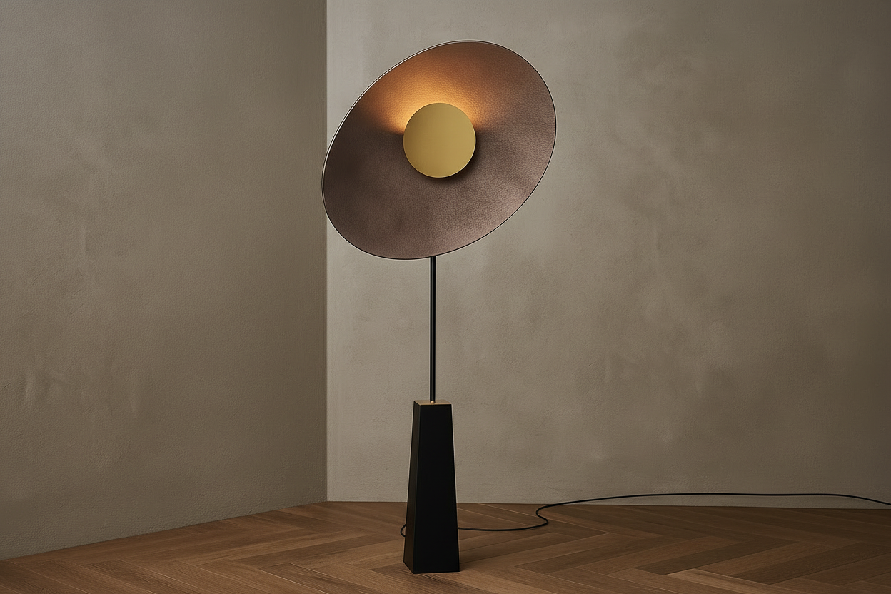 Modern floor lamp with a bronze shade and black base in a room with a beige sofa.