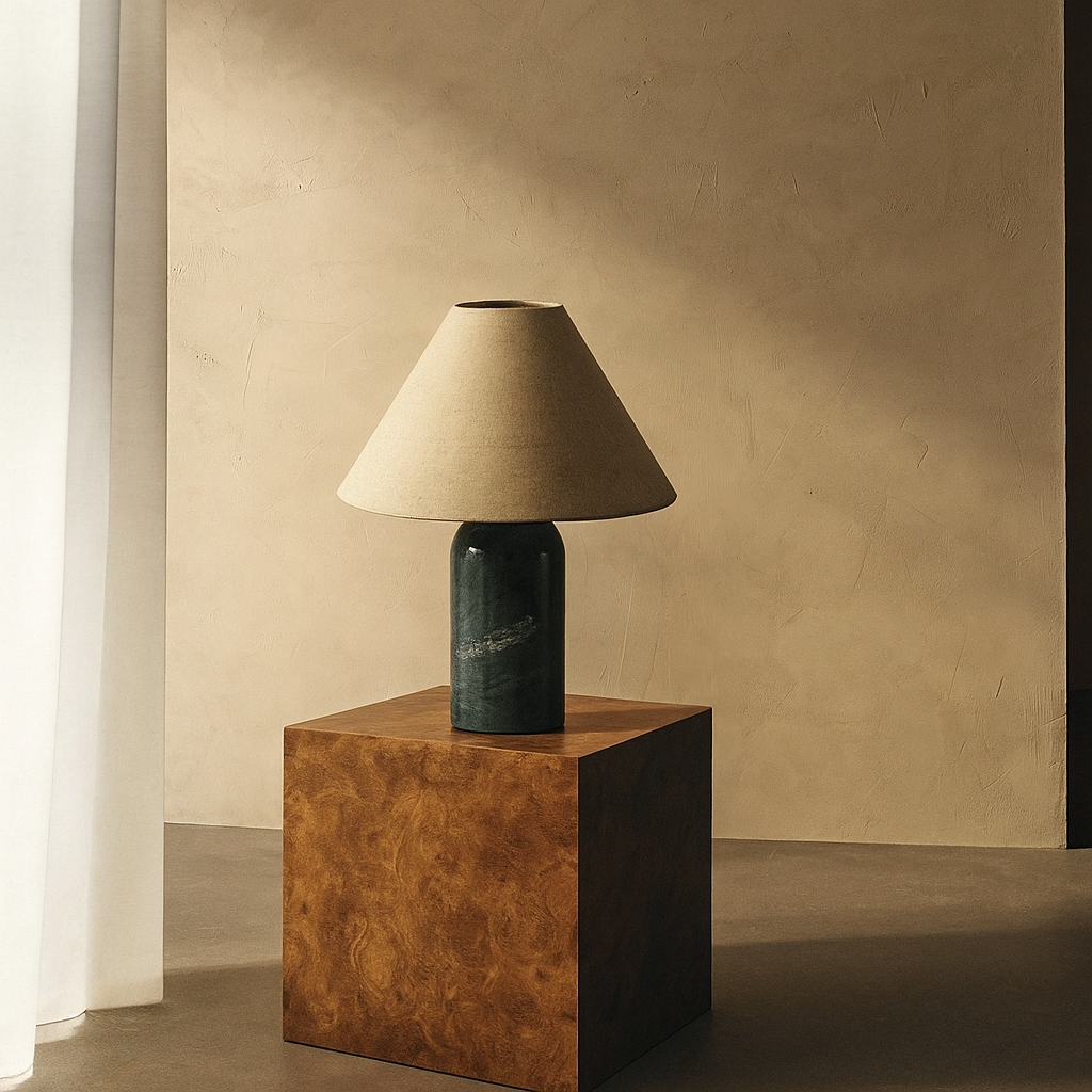 Japandi Green Marble Table Lamp with Linen Shade | Minimalist Bedside Lighting