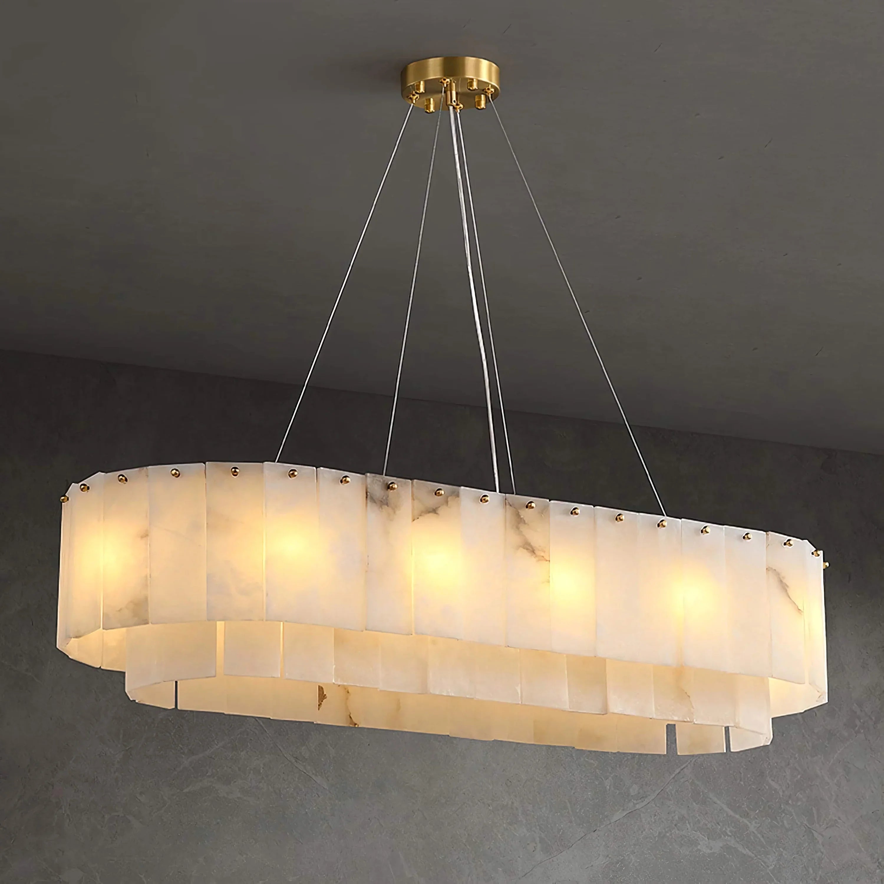 Alabaster Linear Oval Pendant Light Copper – Tiered Stone Chandelier for Dining Room & Kitchen Island Casalolalights