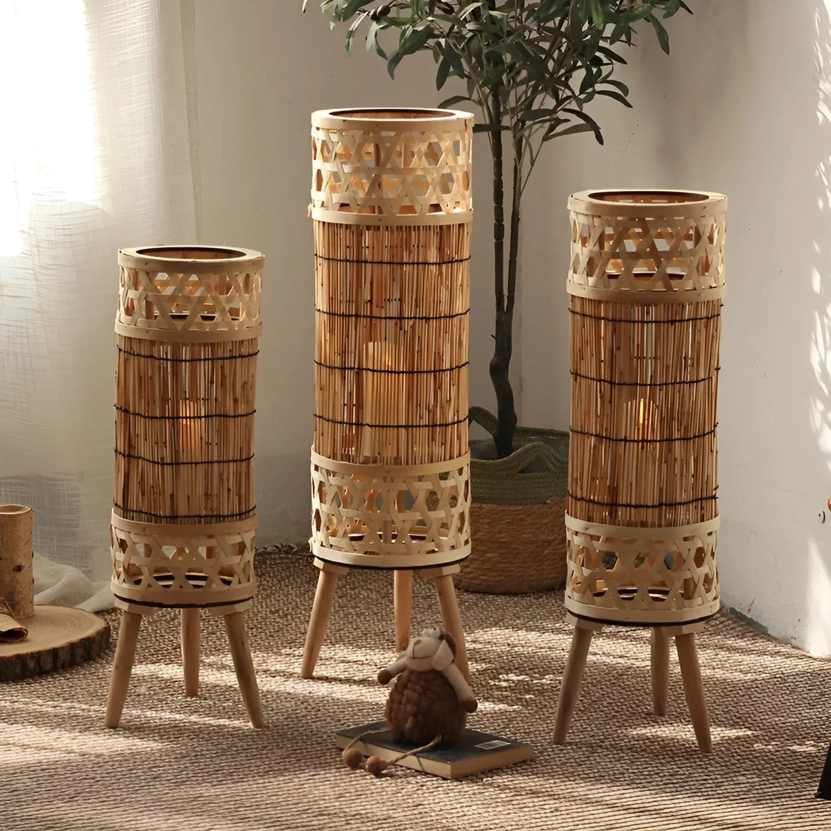 Knitted Bamboo Tower Lamp | Handwoven Lattice Floor Light Sustainable Natural Fibre Living & Bedroom Casalolalights