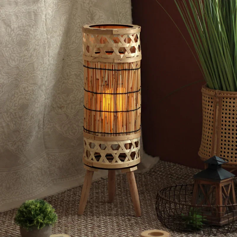 Knitted Bamboo Tower Lamp | Handwoven Lattice Floor Light Sustainable Natural Fibre Living & Bedroom Casalola Lights
