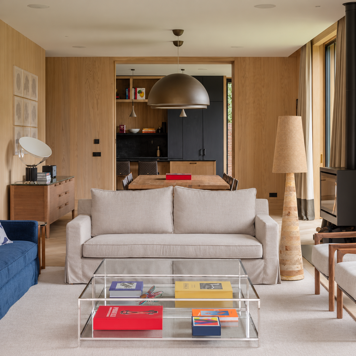 Kyoto floor lamp beside a cream sofa in a timber-panelled living room
