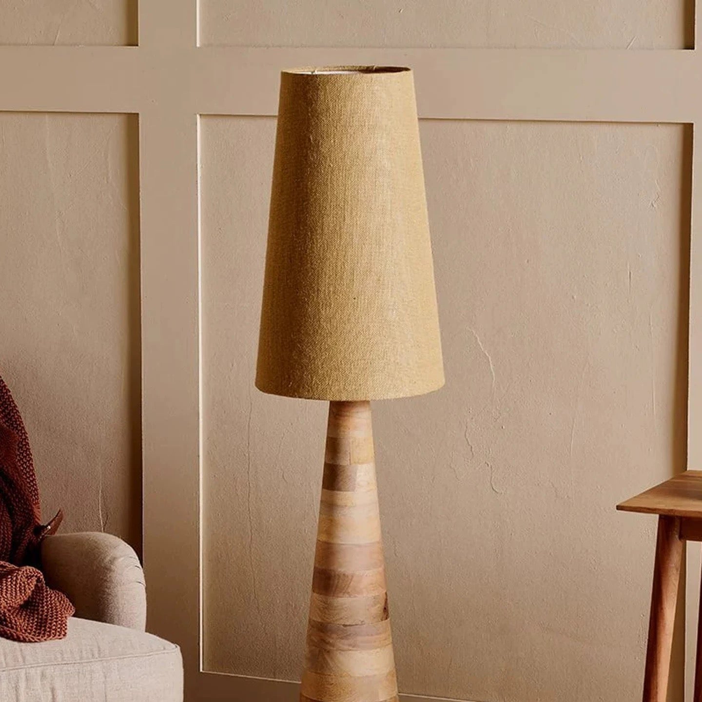 Solid Wood Totem Floor Lamp Conical Base Linen Shade Japandi Wabi Sabi 137cm Casalolalights Luxury Lamps for Interior