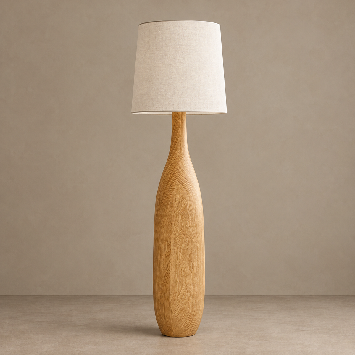 La Quercia CLQUE145 in Ash, with a woodgrain-textured resin base and linen shade, switched off.