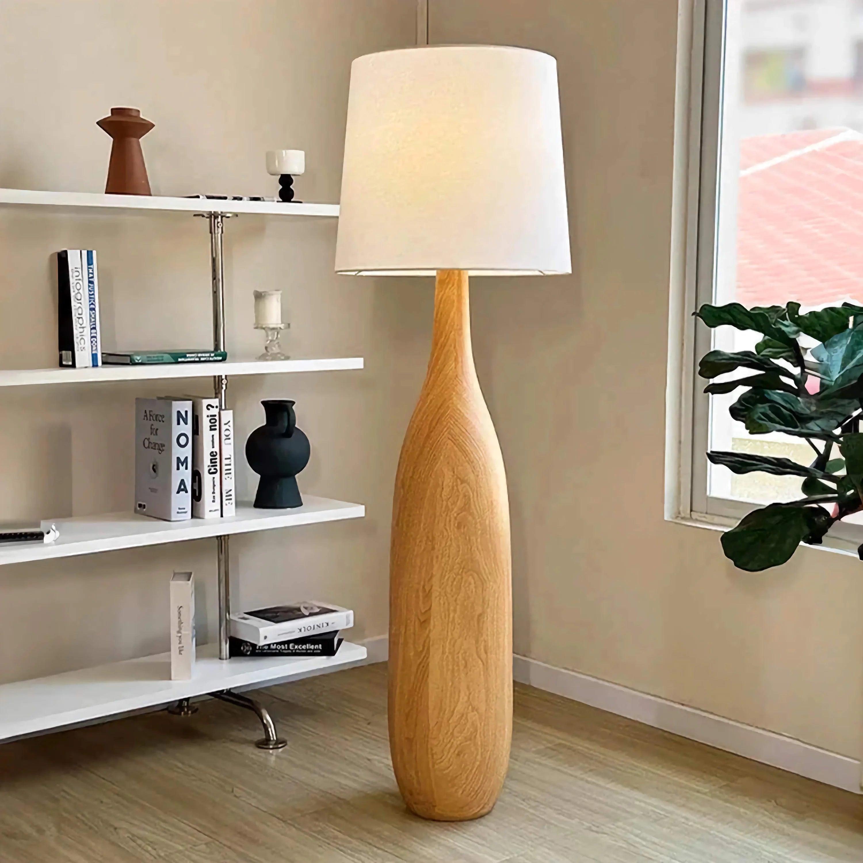 Sculpted Wood Floor Lamp | Japandi Minimalist Linen Shade