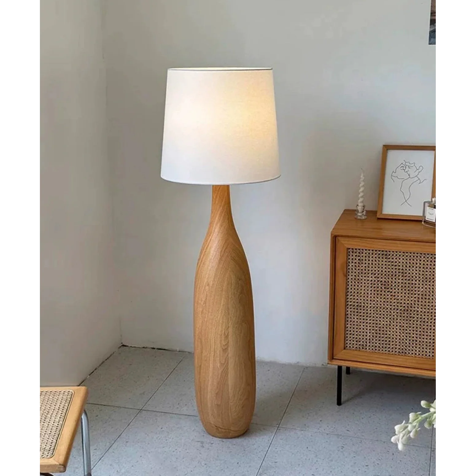 Sculpted Wood Floor Lamp | Japandi Minimalist Linen Shade