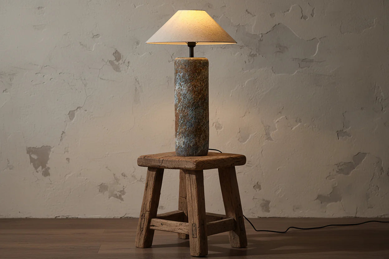 Large Ceramic Table Lamp 33in | Wabi-sabi Japandi Bedside & Living Room Light Textured Body Linen Shade Casalolalights