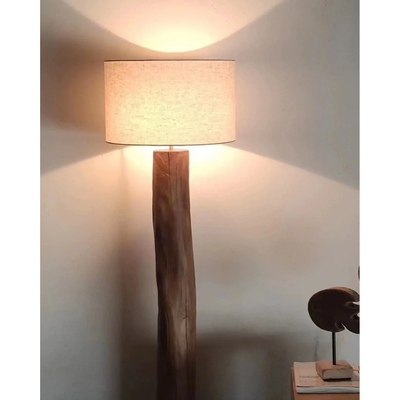 Teak Rustic Floor Lamp | Linen Drum Wood Ul Listed Led Ready Minimalist