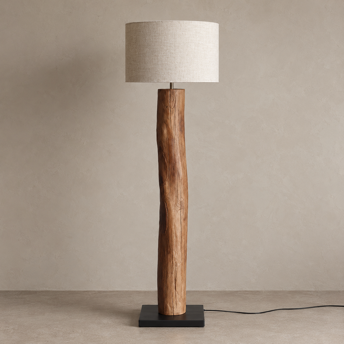 Legno Rustico 130 cm floor lamp switched off, with a wide fabric drum shade and natural wood column.