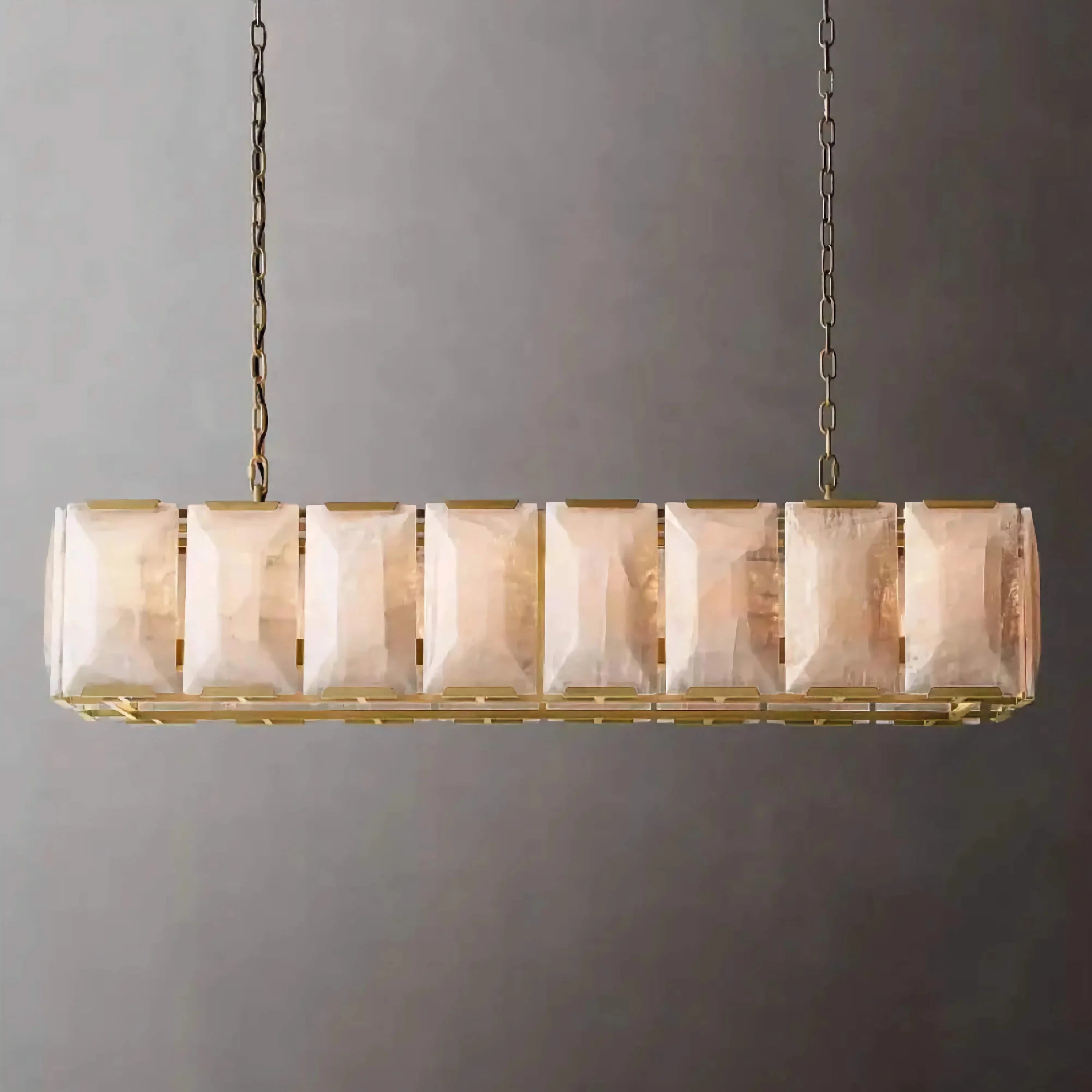 Rectangular Alabaster Linear Chandelier | Brass Pendant Lighting for Dining Table or Kitchen Island
