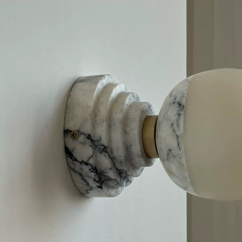 Marble Globe Wall Sconce – 11 Cm Stone & Brass Light for Bedroom Hallway or Vanity