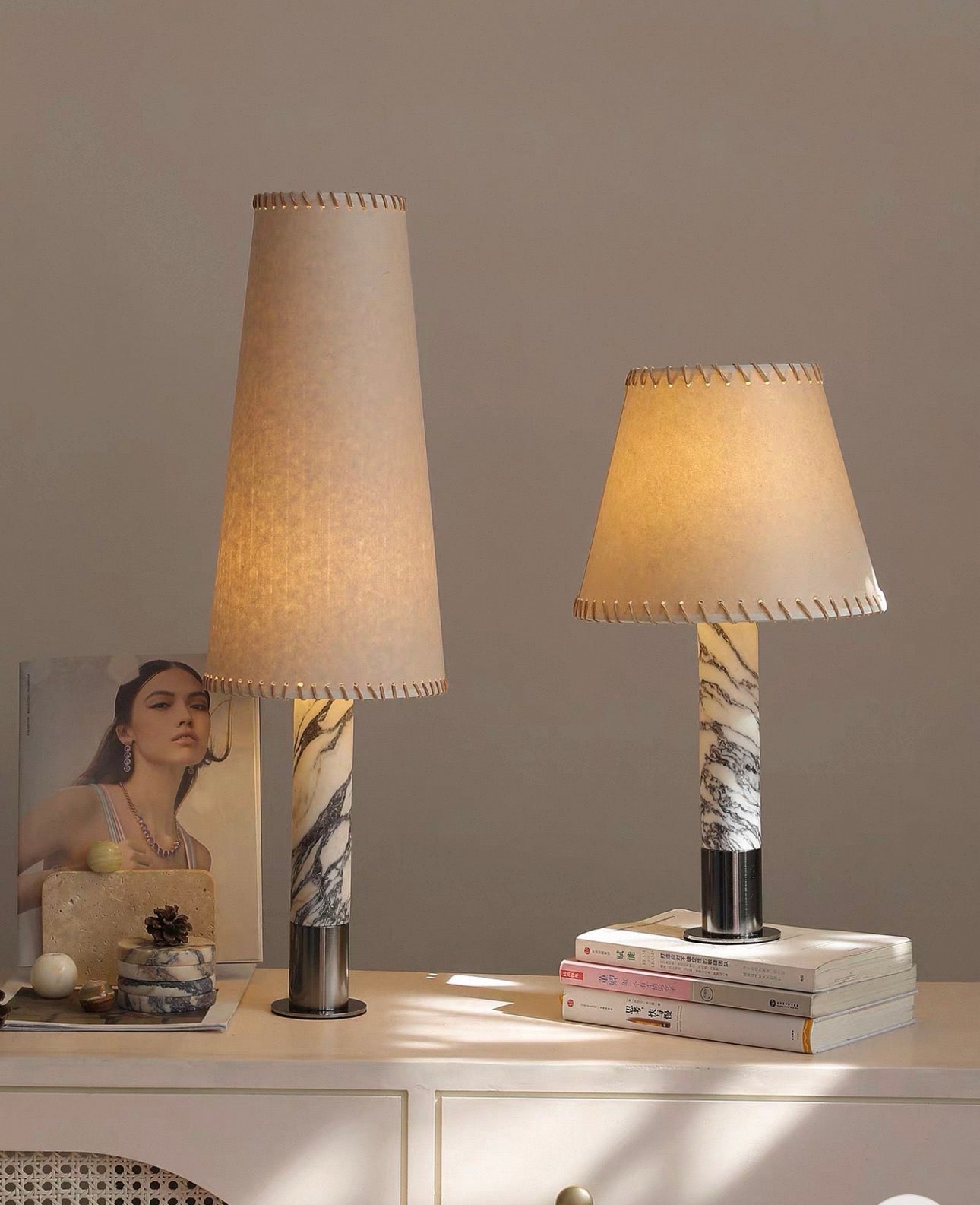 Designer Marble and Parchment Table Lamp | Minimalist Statement Lighting in Two Heights