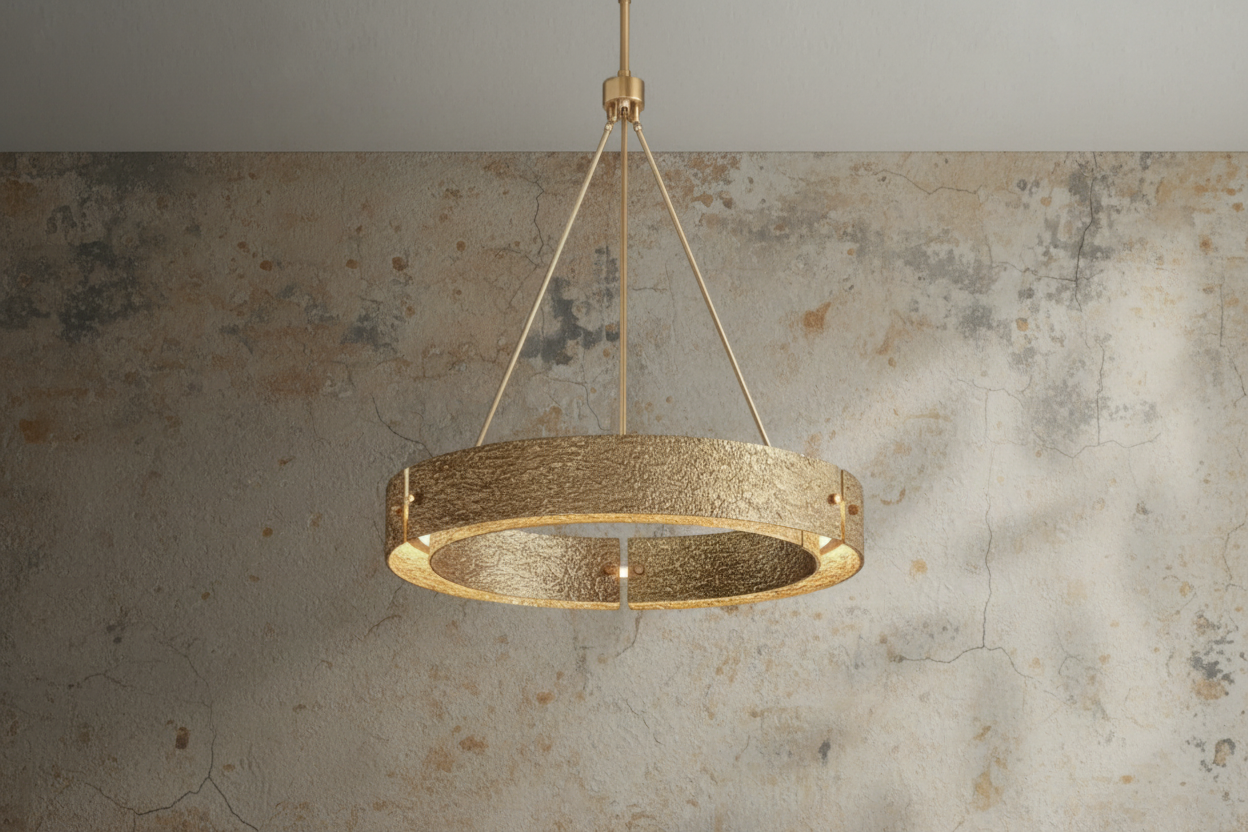 Solid Copper Round Chandelier | Brutalist Bark Texture | 92cm - 152cm Ring Light | Heavy Cast Metal | Casalola Lights