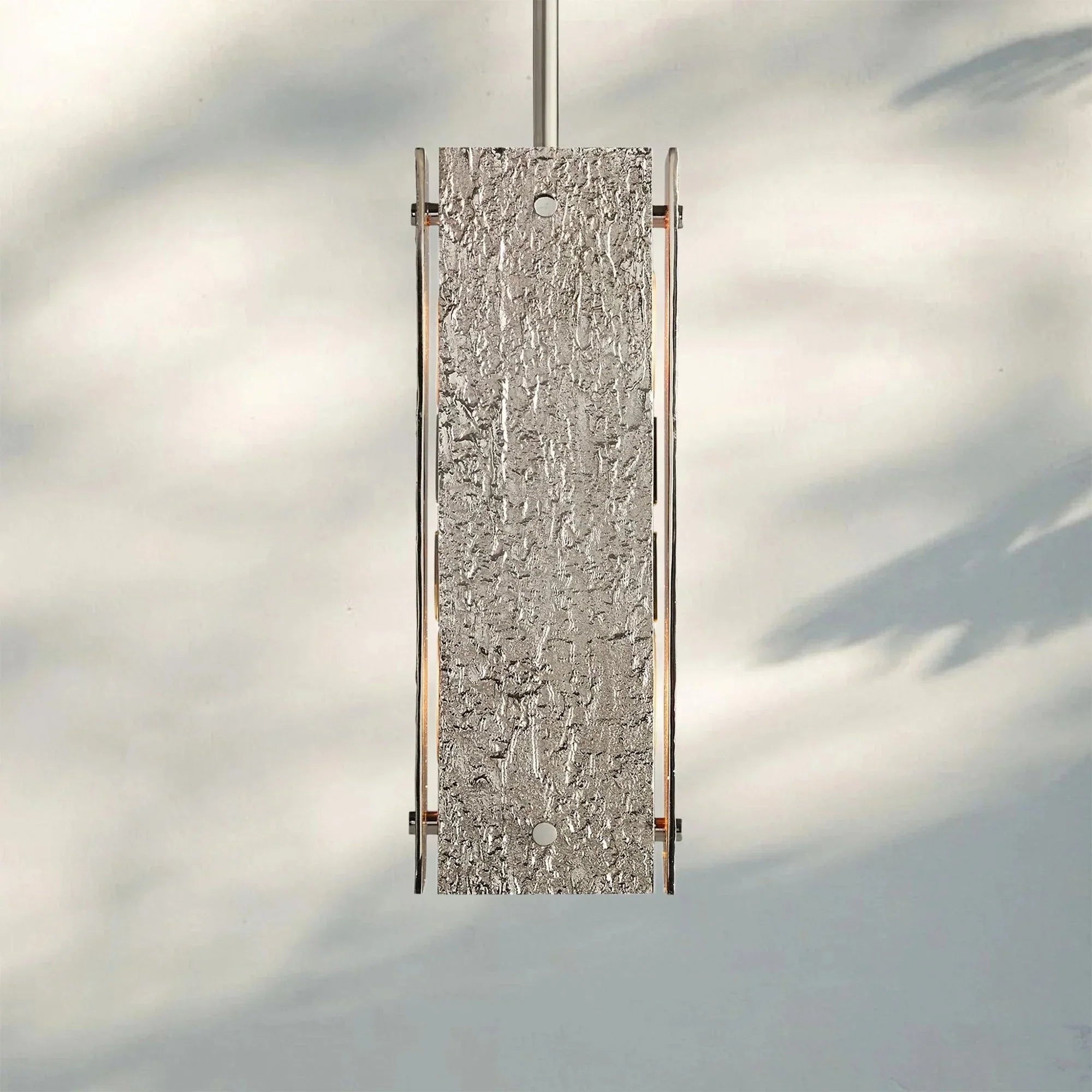 Solid Brass Brutalist Pendant Light | Wabi-sabi Organic Texture | 19’’ Rectangular Body | Custom Rod Heights | Casalola