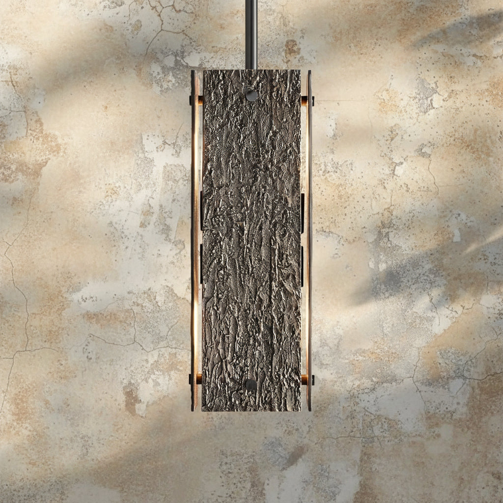 Solid Brass Brutalist Pendant Light | Wabi-sabi Organic Texture | 19’’ Rectangular Body | Custom Rod Heights | Casalola