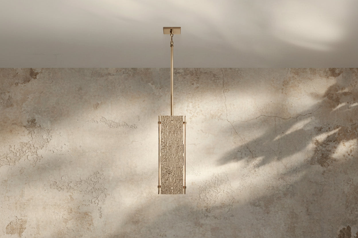 Solid Brass Brutalist Pendant Light | Wabi-sabi Organic Texture | 19’’ Rectangular Body | Custom Rod Heights | Casalola