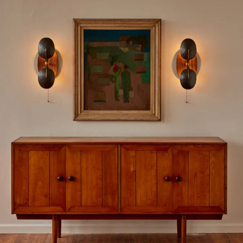 Hammered Metal & Walnut Wall Sconce | French Pull Chain Light