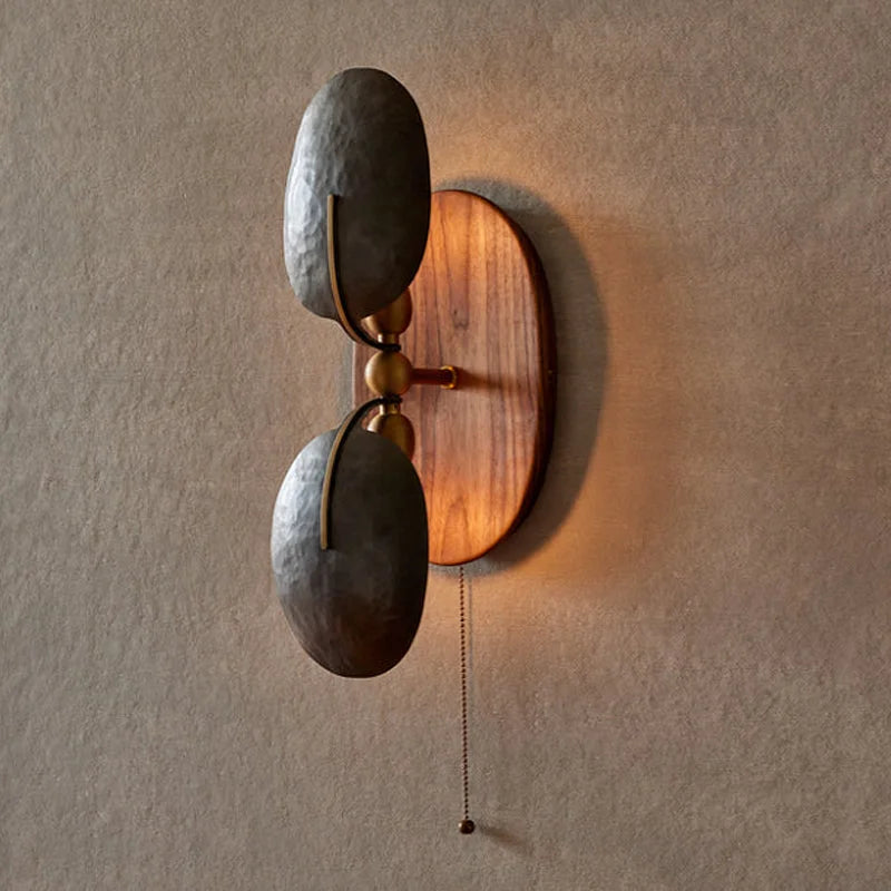 Hammered Metal & Walnut Wall Sconce | French Pull Chain Light