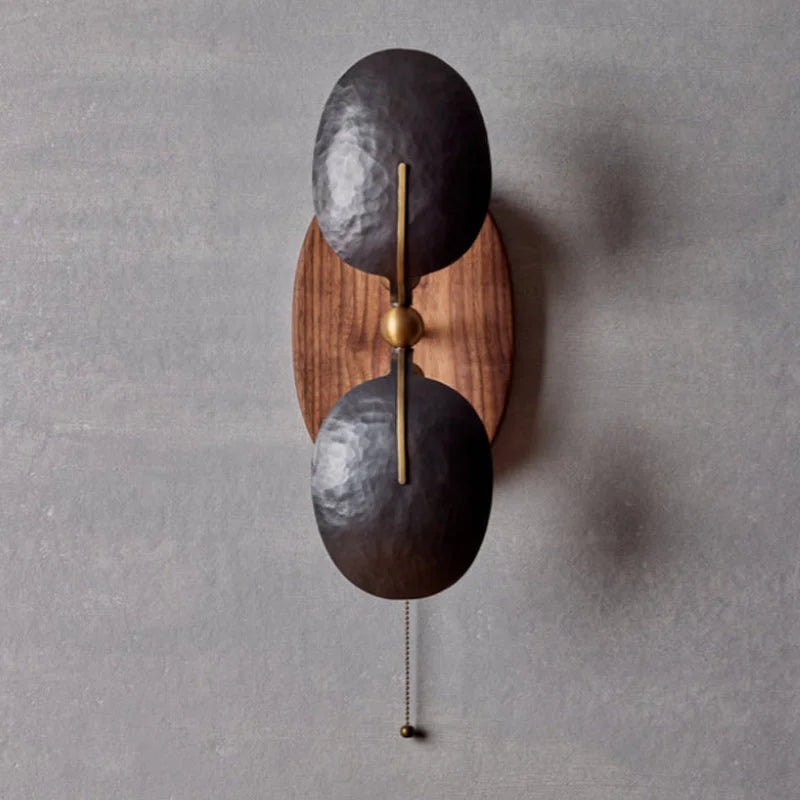 Walnut & Hammered Iron Wall Sconce Pull Chain | Bedside Reading Guest Room Light Wabi Sabi Casalola Lights Luxury Lamps