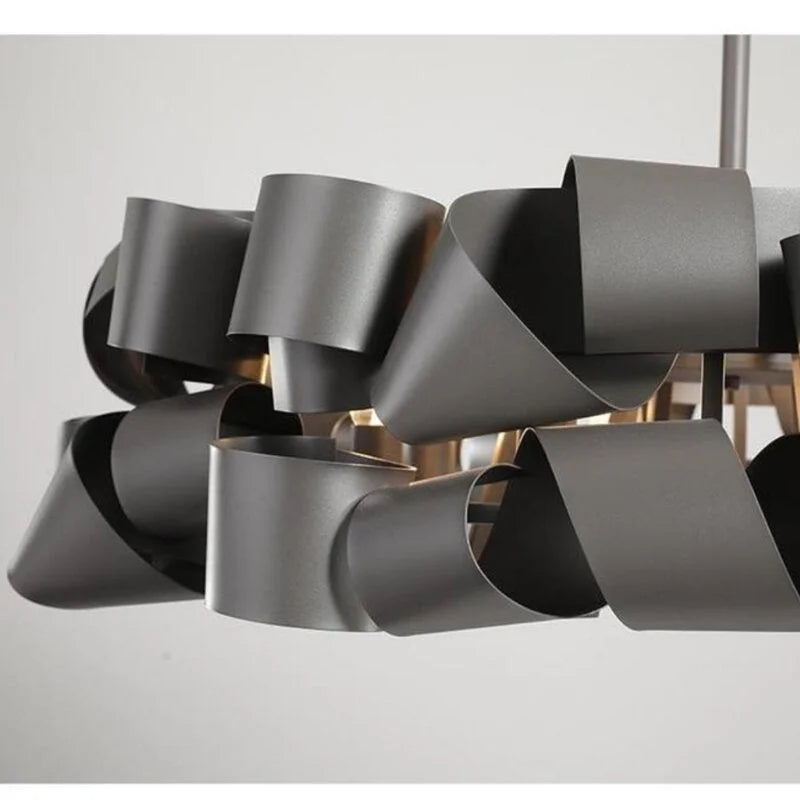 Gold Ribbon Chandelier | Sculptural Metal Pendant Light | Modern Statement Ceiling Fixture for Dining or Foyer