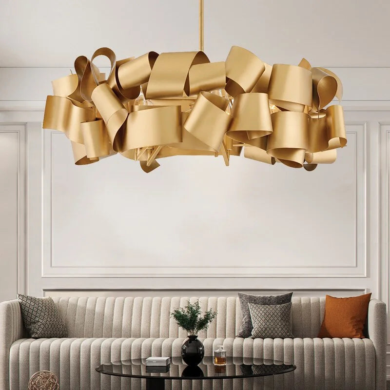 Gold Ribbon Chandelier | Sculptural Metal Pendant Light | Modern Statement Ceiling Fixture for Dining or Foyer