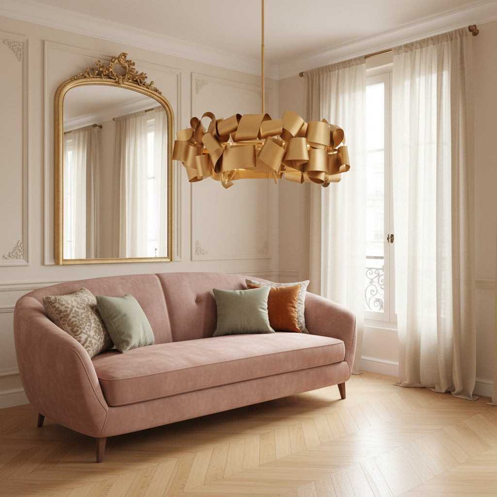 Gold Ribbon Chandelier | Sculptural Metal Pendant Light | Modern Statement Ceiling Fixture for Dining or Foyer