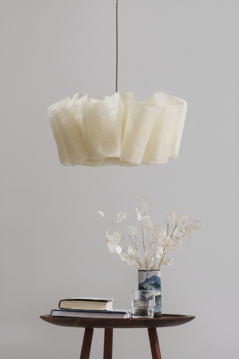 Japanese Style Pendant Light | Hand-knitted Fabric Lampshade | Warm Minimalist Japandi Biophilic