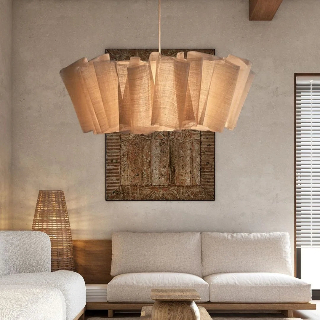 Japanese Style Pendant Light | Hand-knitted Fabric Lampshade | Warm Minimalist Japandi Biophilic