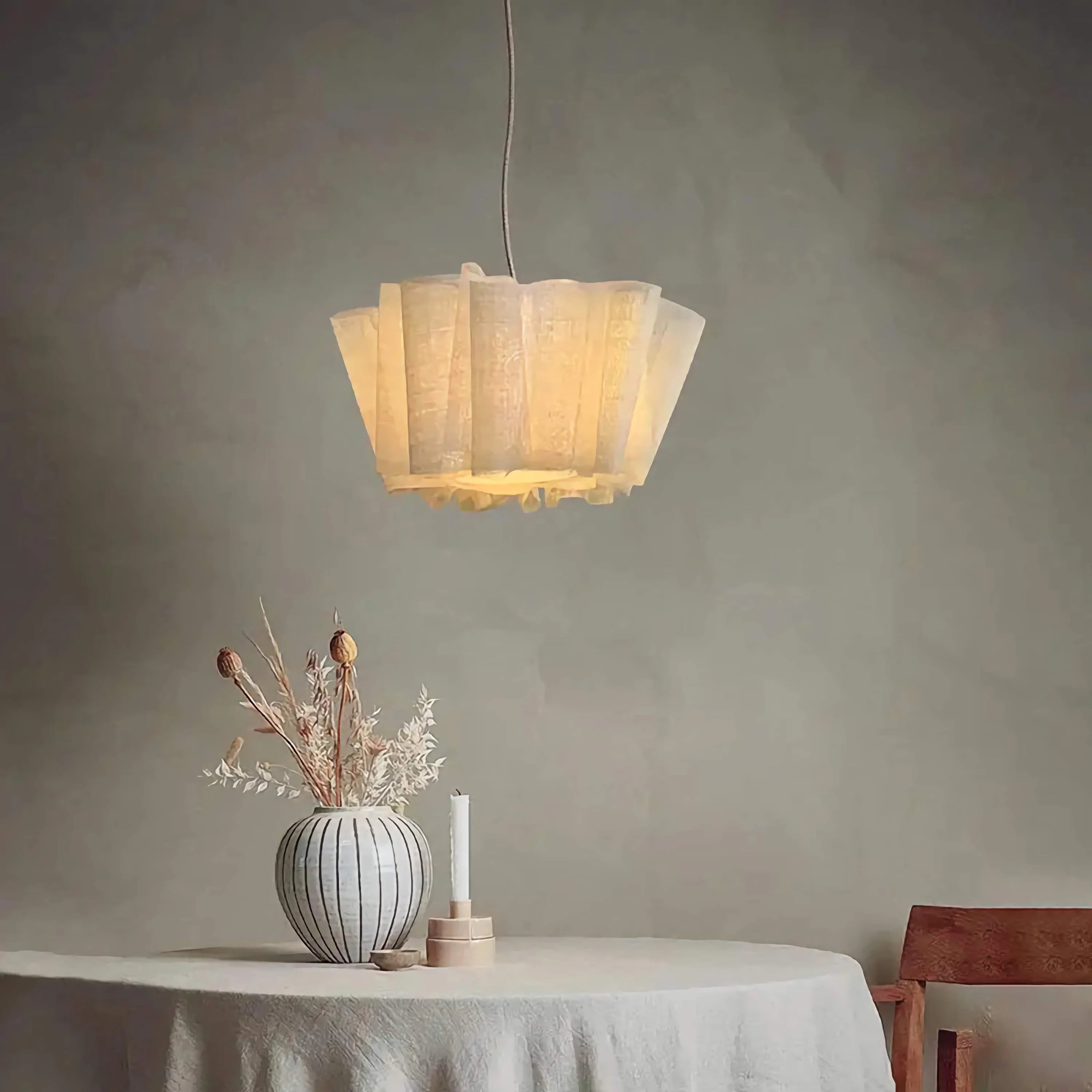 Japanese Style Pendant Light | Hand-knitted Fabric Lampshade | Warm Minimalist Japandi Biophilic