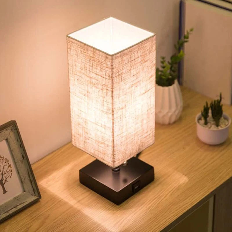 Minimalist Table Lamp Japandi Decor Usb Mobile Phone Charging Desk with Fabric Shade