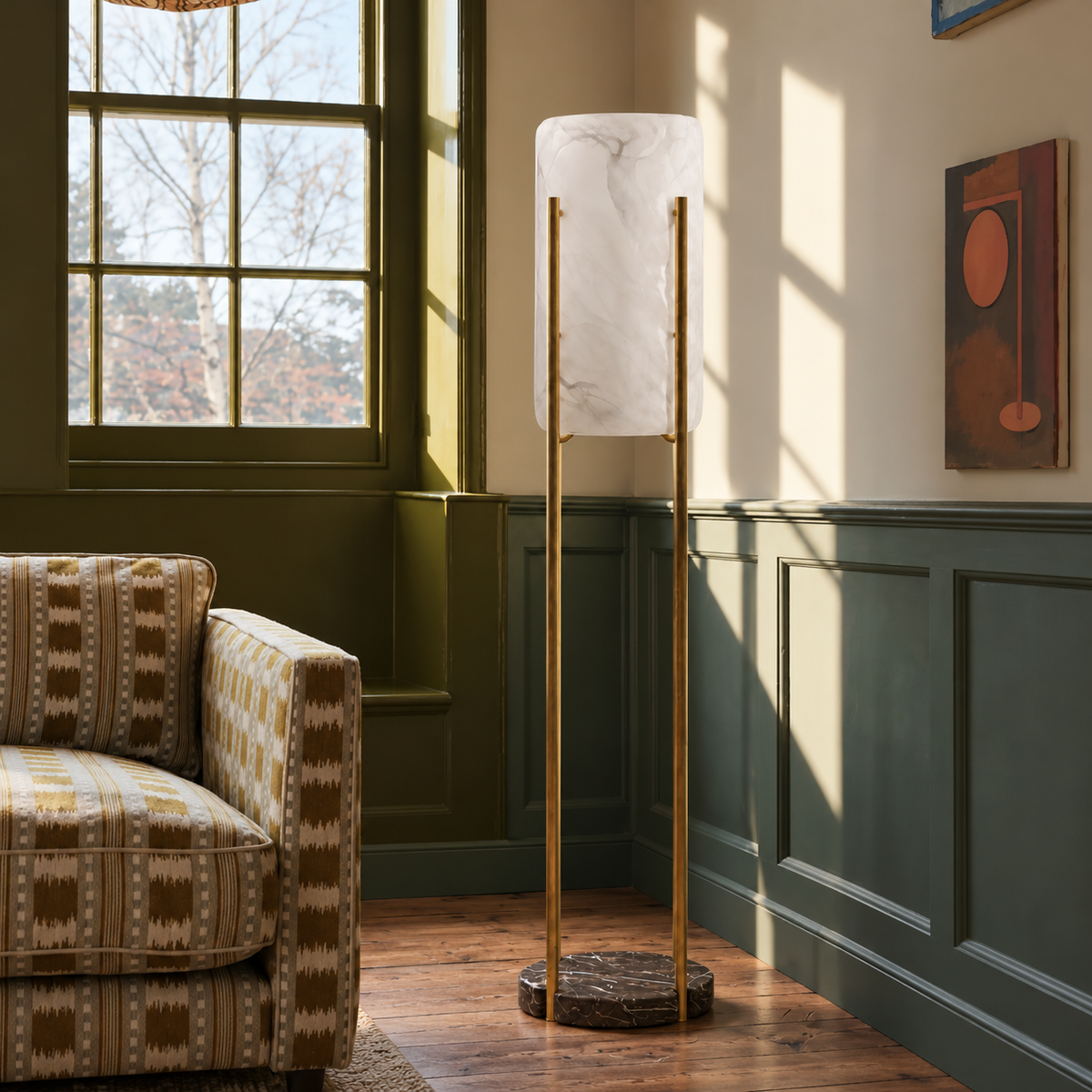 CLKPS0294 floor lamp beside a patterned armchair in a green-panelled reading corner.