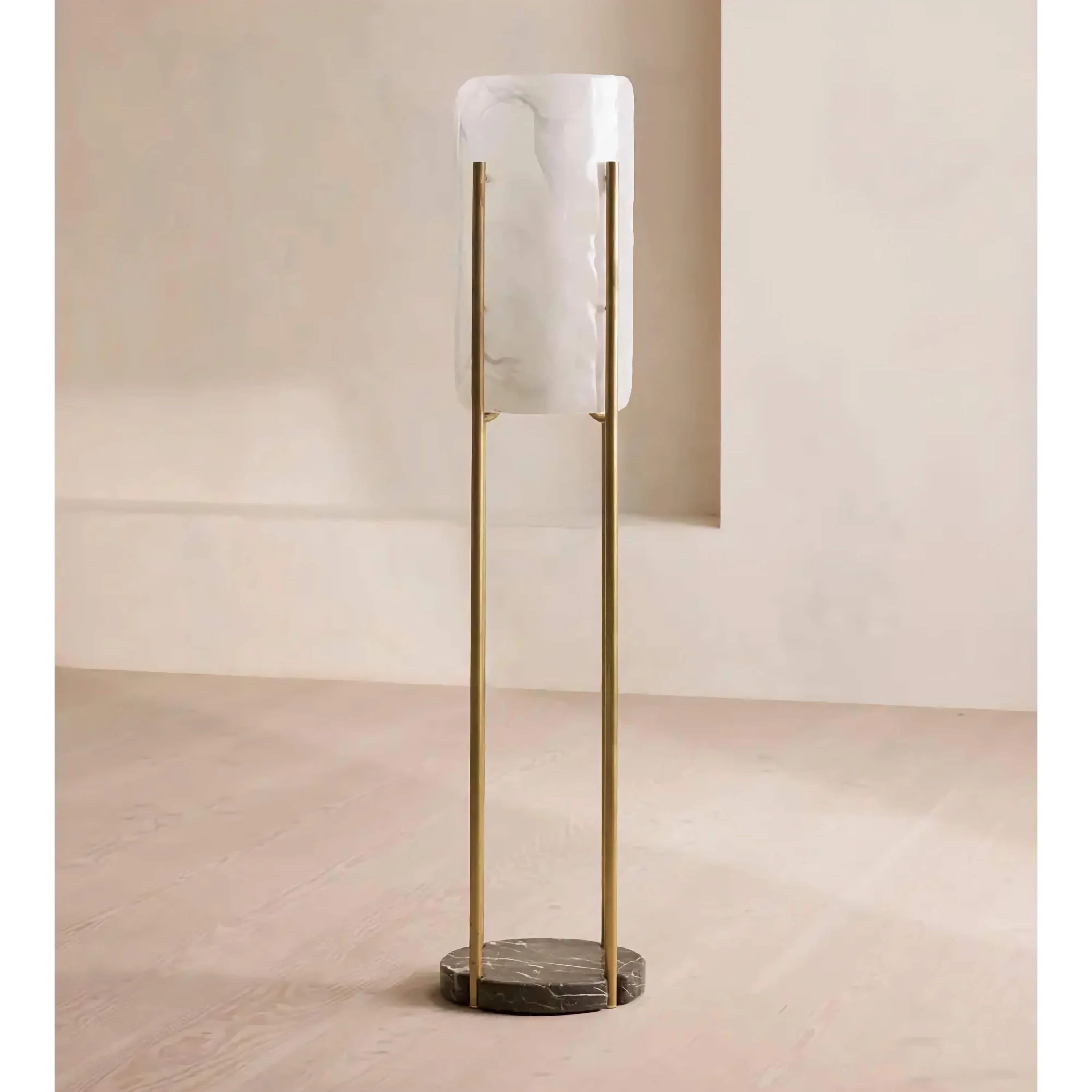 Living Room Minimalist Marble & Brass Floor Lamp – Modern Column Light with Warm Diffused Glow Space Saving Design