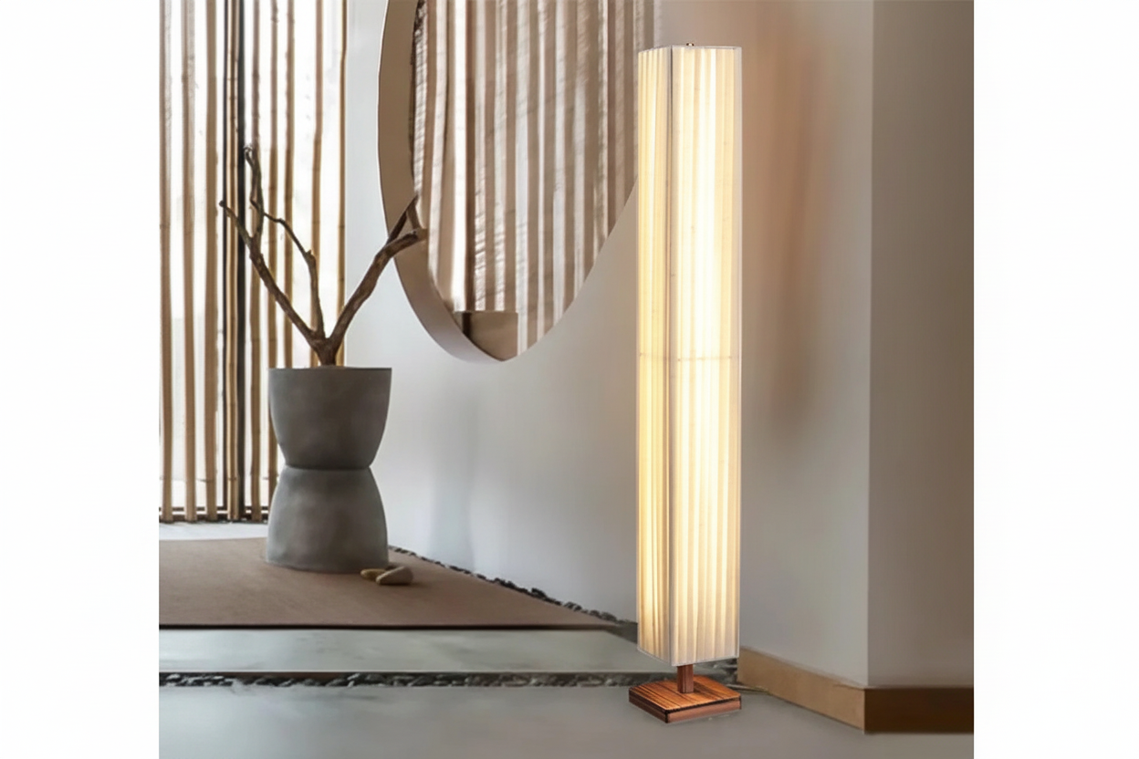 MINIMALIST WHITE FABRIC WOODEN BASE FLOOR LAMP