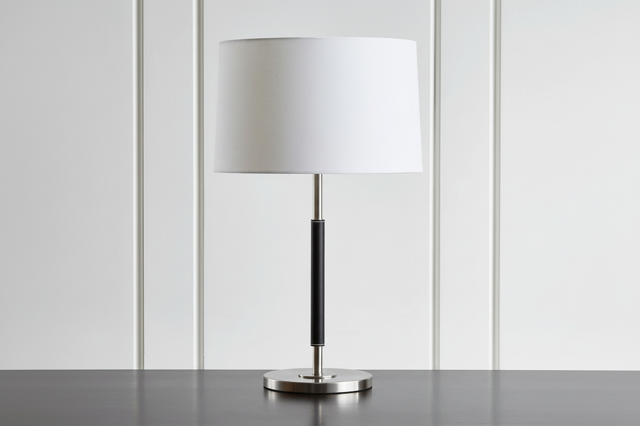 Modern Luxury Brass and Leather Table Lamp with Linen Drum Shade for Bedroom Living Room or Office Casalolalights