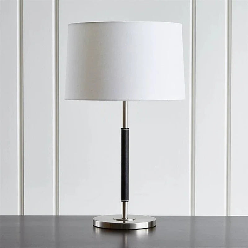 Modern Luxury Brass and Leather Table Lamp with Linen Drum Shade for Bedroom Living Room or Office