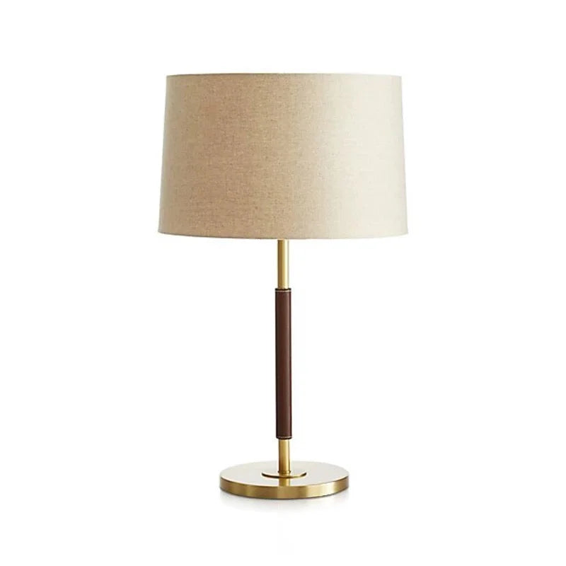 Modern Luxury Brass and Leather Table Lamp with Linen Drum Shade for Bedroom Living Room or Office