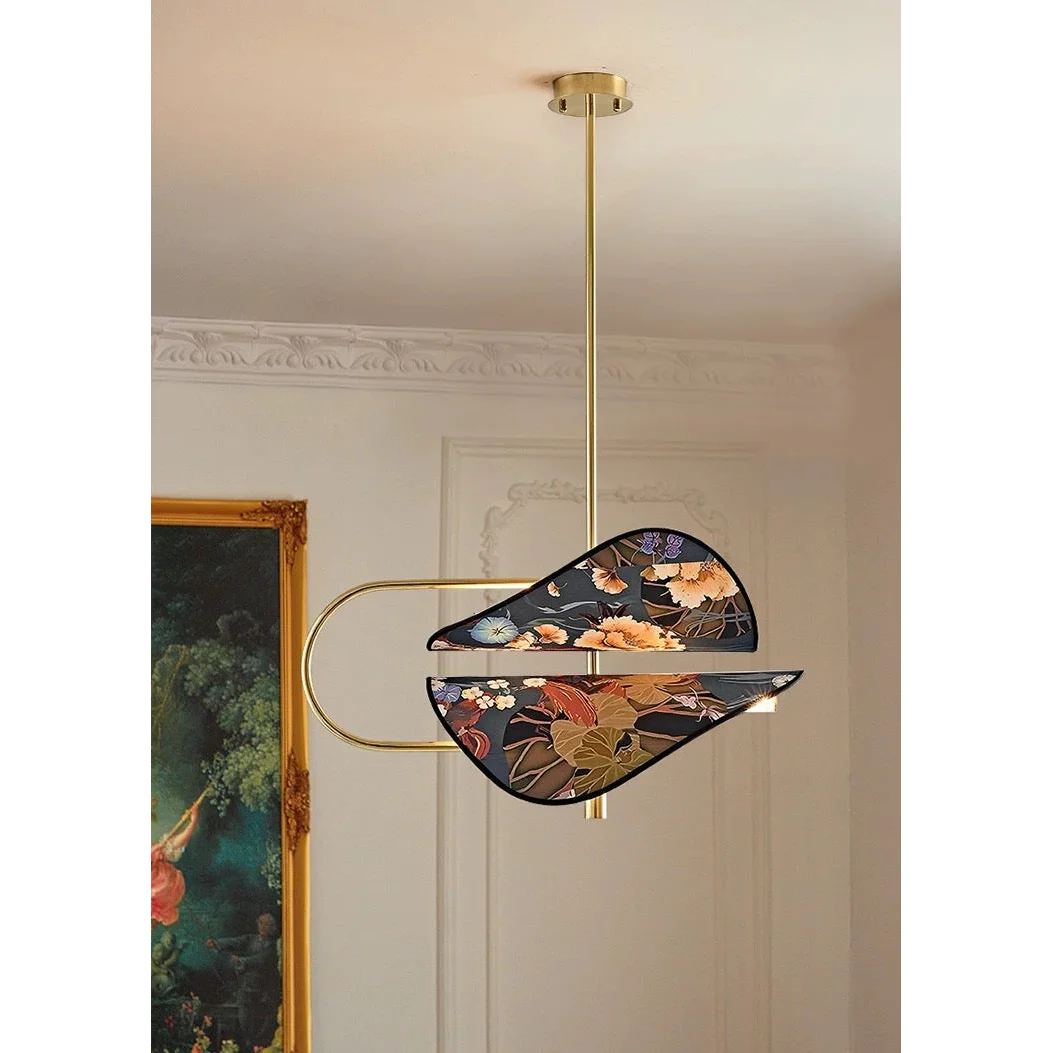 Modern Brass Pendant Light | Italian Akira Leaf Panels Hand Painted Floral | Luxury Dimmable Dining Fixture