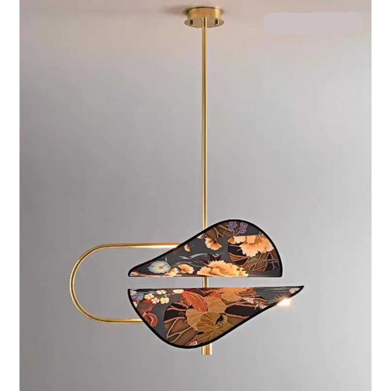 Modern Brass Pendant Light | Italian Akira Leaf Panels Hand Painted Floral | Luxury Dimmable Dining Fixture