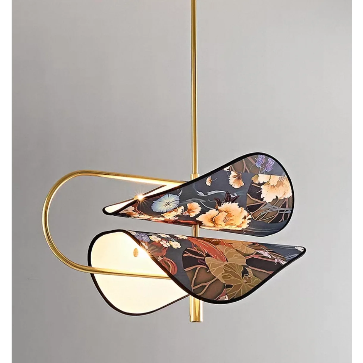 Modern Brass Pendant Light | Italian Akira Leaf Panels Hand Painted Floral | Luxury Dimmable Dining Fixture