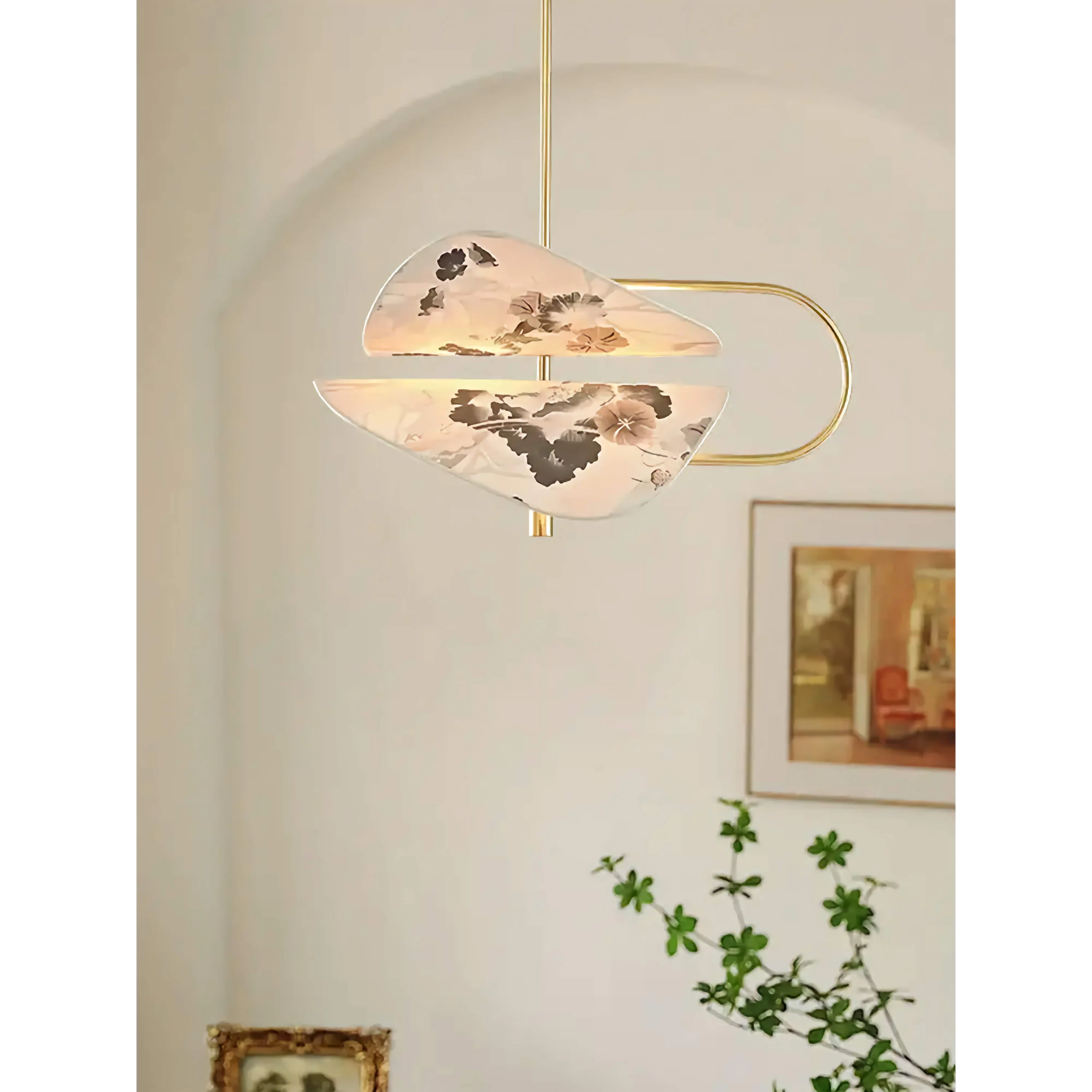 Modern Brass Pendant Light | Italian Akira Leaf Panels Hand Painted Floral | Luxury Dimmable Dining Fixture