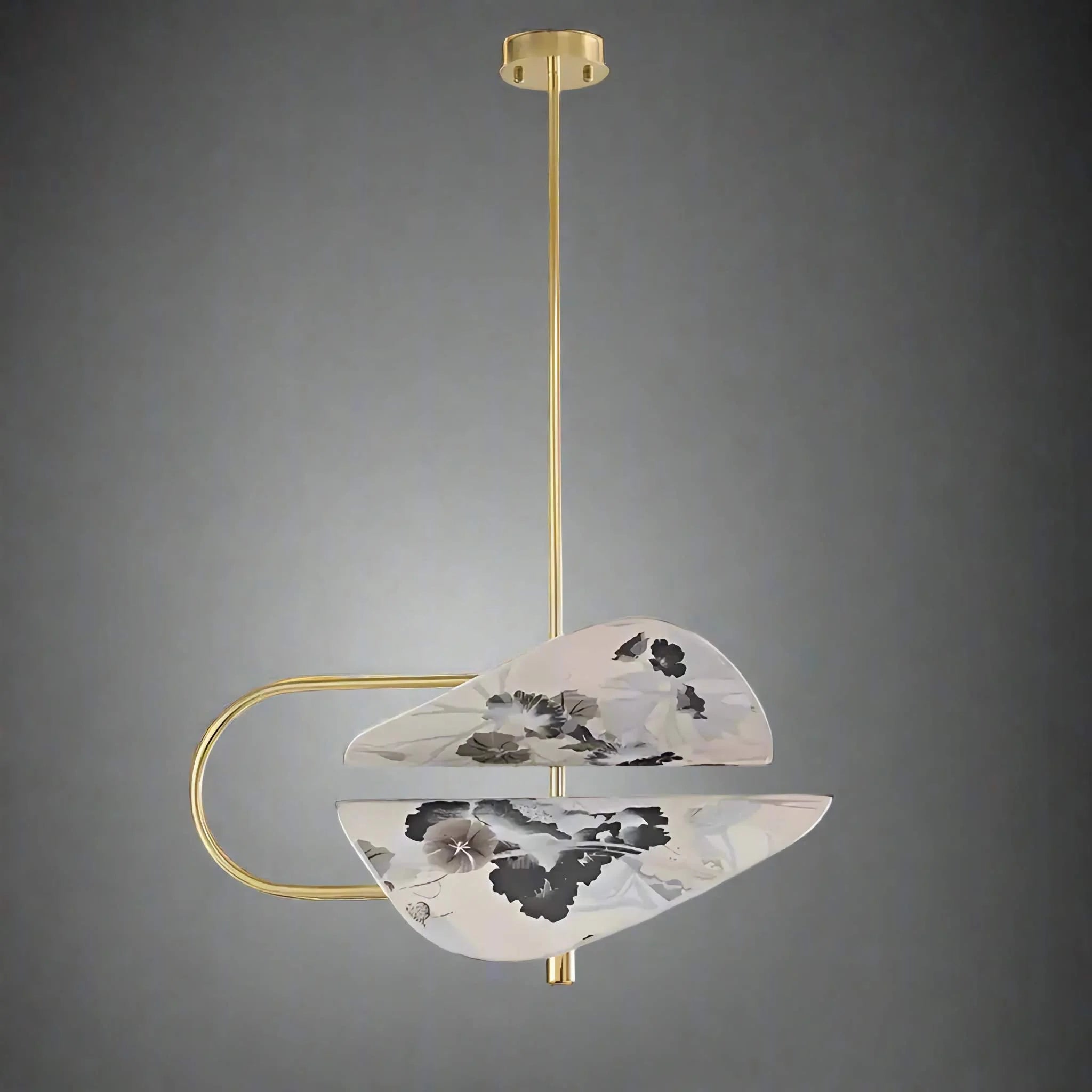 Modern Brass Pendant Light | Italian Akira Leaf Panels Hand Painted Floral | Luxury Dimmable Dining Fixture