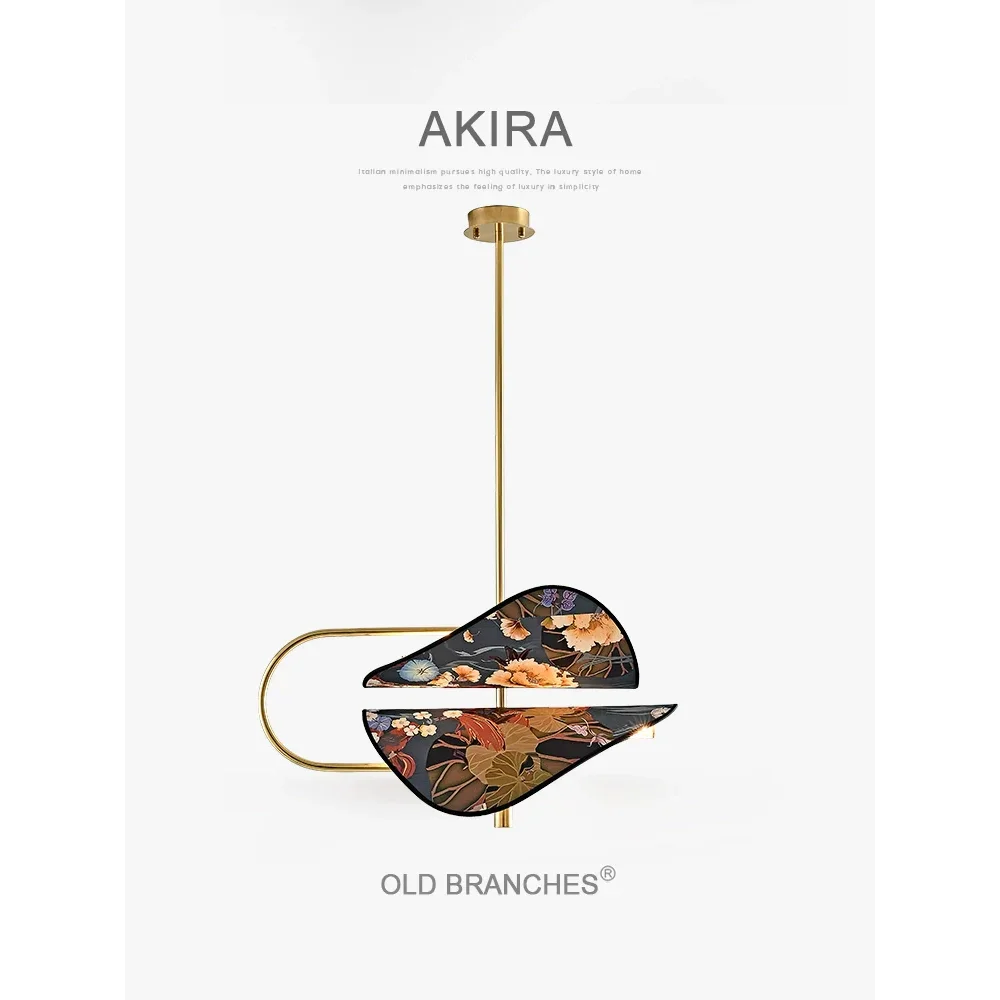 Modern Brass Pendant Light | Italian Akira Leaf Panels Hand Painted Floral | Luxury Dimmable Dining Fixture