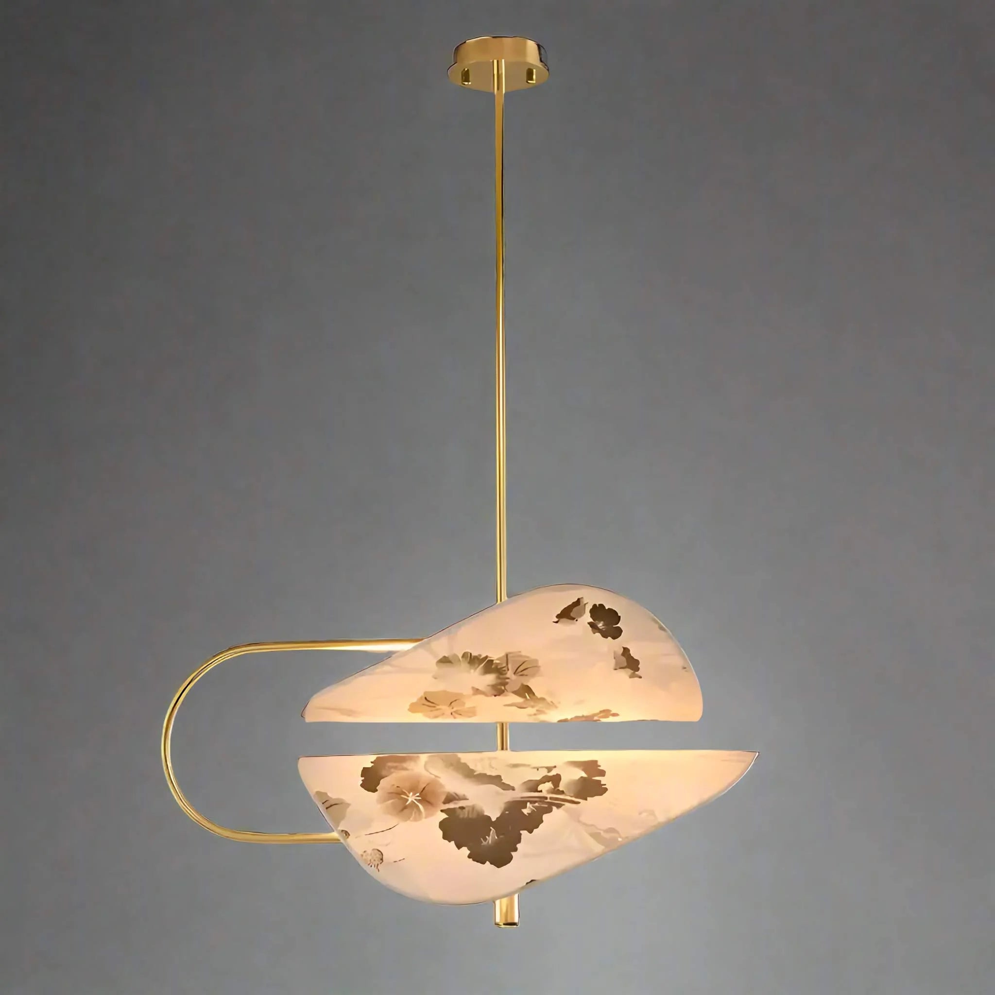 Modern Brass Pendant Light | Italian Akira Leaf Panels Hand Painted Floral | Luxury Dimmable Dining Fixture
