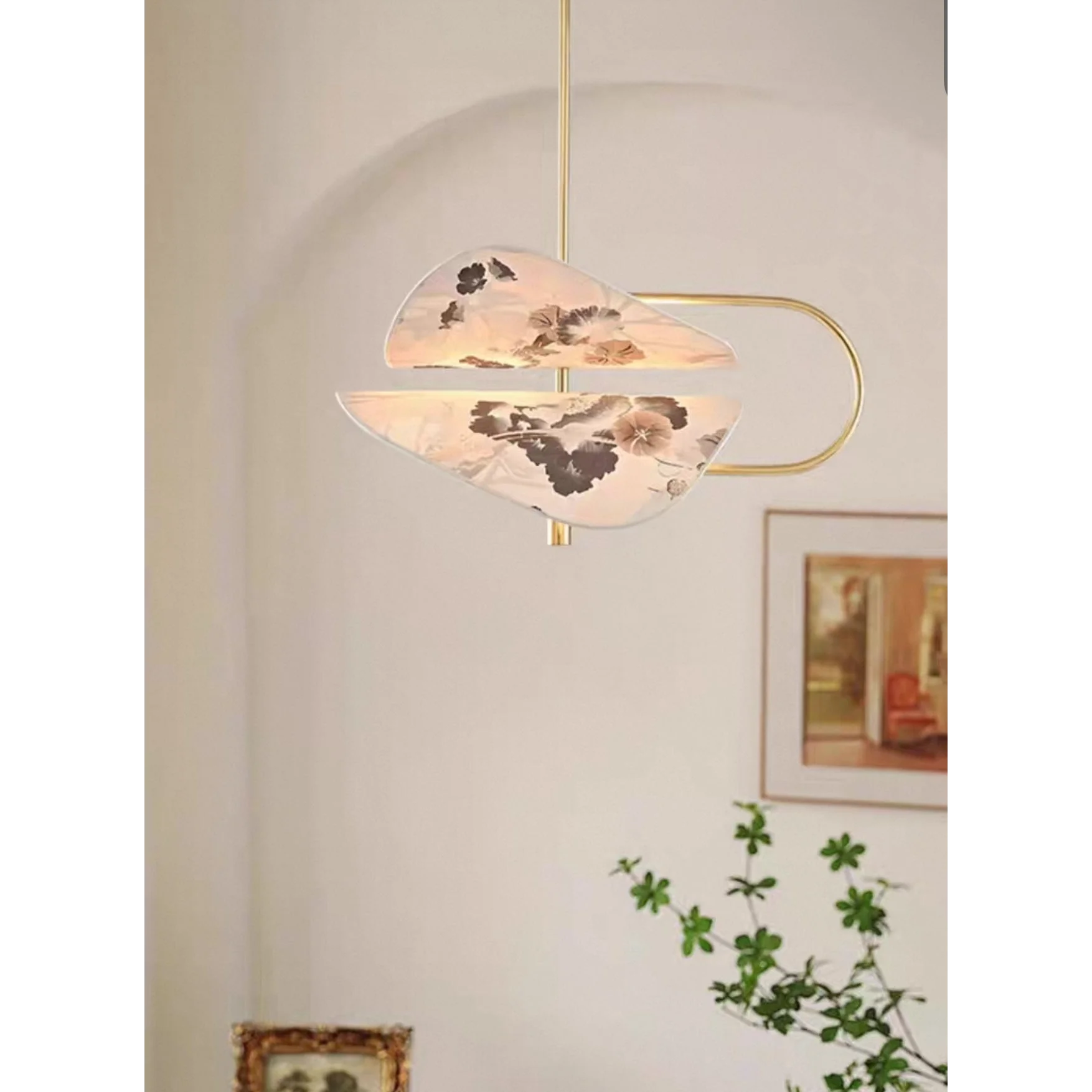 Modern Brass Pendant Light | Italian Akira Leaf Panels Hand Painted Floral | Luxury Dimmable Dining Fixture